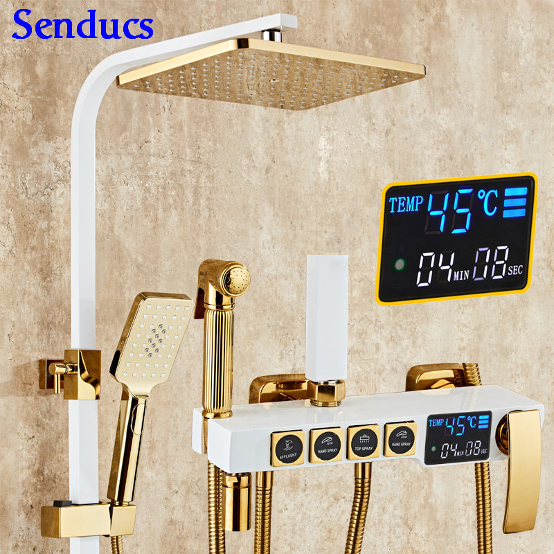 Senducs Digital Shower Set White Gold Bathroom Shower System with High Quality Brass Gold Bathtub Temperature Shower Series