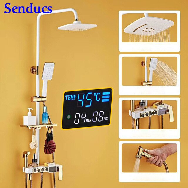 Senducs Digital Shower Set White Gold Bathroom Shower System with High Quality Brass Gold Bathtub Temperature Shower Series