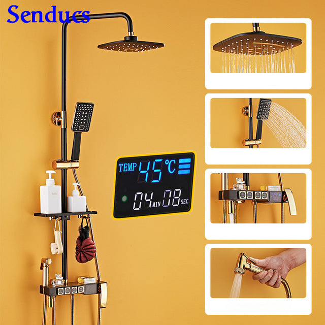 Senducs Digital Shower Set White Gold Bathroom Shower System with High Quality Brass Gold Bathtub Temperature Shower Series