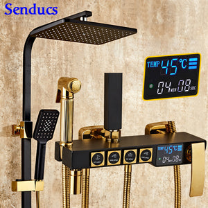 Senducs Digital Shower Set White Gold Bathroom Shower System with High Quality Brass Gold Bathtub Temperature Shower Series