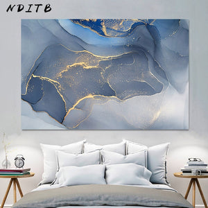 Marble Texture Abstract Poster Gold Blue Wall Art Print Modern Style Canvas Ink Painting Nordic Decorative Picture Home Decor