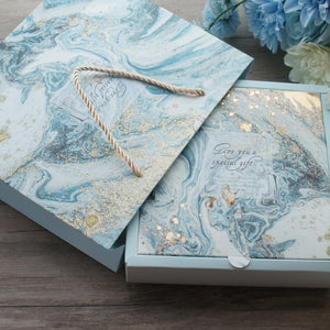 18*18*6cm 3set Gold Blue Marble Elegant Design Paper Box + Bag As Wedding Birthday Handmade DIY Gift Packaging Use