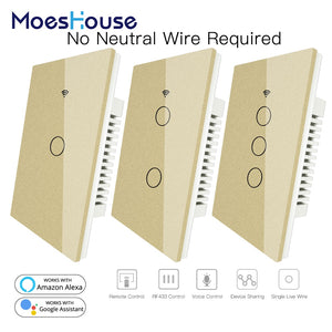 RF433 WiFi Smart Wall Touch Switch No Neutral Wire Needed Smart Single Wire Wall Switch Work with Alexa Google Home 170-250V