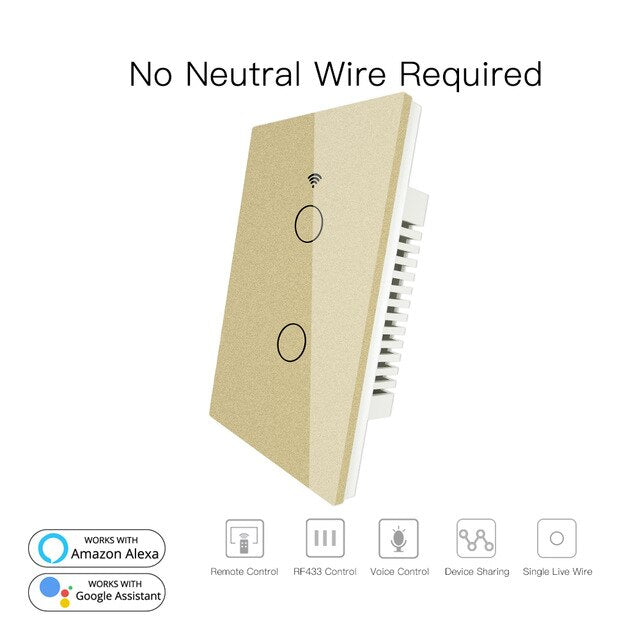 RF433 WiFi Smart Wall Touch Switch No Neutral Wire Needed Smart Single Wire Wall Switch Work with Alexa Google Home 170-250V