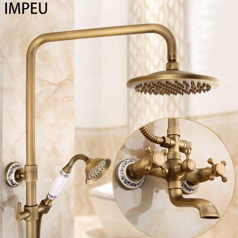 Exposed Rain Shower System with Cross Handles, Cold / Hot Water Mixer, Antique Brass, Coming with Hand Shower, Overhead, Spout