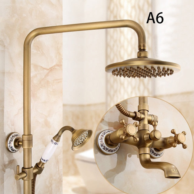 Exposed Rain Shower System with Cross Handles, Cold / Hot Water Mixer, Antique Brass, Coming with Hand Shower, Overhead, Spout