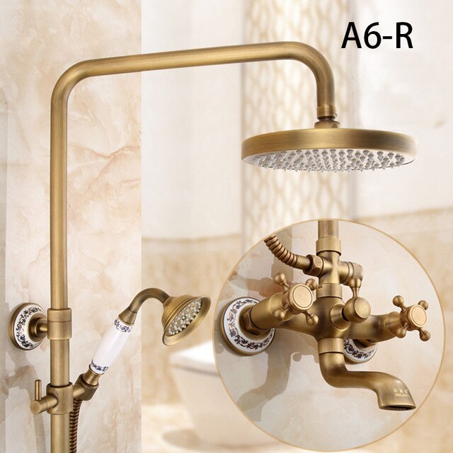 Exposed Rain Shower System with Cross Handles, Cold / Hot Water Mixer, Antique Brass, Coming with Hand Shower, Overhead, Spout