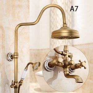 Exposed Rain Shower System with Cross Handles, Cold / Hot Water Mixer, Antique Brass, Coming with Hand Shower, Overhead, Spout