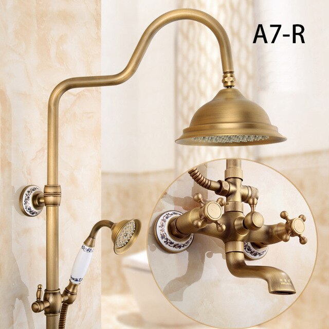 Exposed Rain Shower System with Cross Handles, Cold / Hot Water Mixer, Antique Brass, Coming with Hand Shower, Overhead, Spout