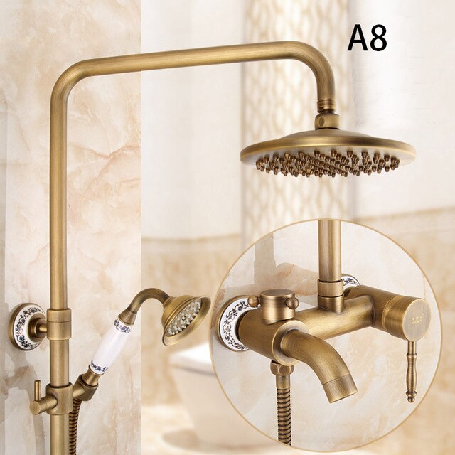 Exposed Rain Shower System with Cross Handles, Cold / Hot Water Mixer, Antique Brass, Coming with Hand Shower, Overhead, Spout