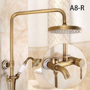 Exposed Rain Shower System with Cross Handles, Cold / Hot Water Mixer, Antique Brass, Coming with Hand Shower, Overhead, Spout