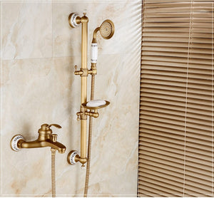 Exposed Rain Shower System with Cross Handles, Cold / Hot Water Mixer, Antique Brass, Coming with Hand Shower, Overhead, Spout