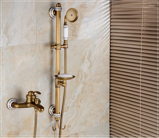 Exposed Rain Shower System with Cross Handles, Cold / Hot Water Mixer, Antique Brass, Coming with Hand Shower, Overhead, Spout