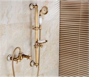 Exposed Rain Shower System with Cross Handles, Cold / Hot Water Mixer, Antique Brass, Coming with Hand Shower, Overhead, Spout