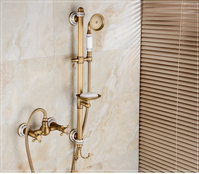 Exposed Rain Shower System with Cross Handles, Cold / Hot Water Mixer, Antique Brass, Coming with Hand Shower, Overhead, Spout