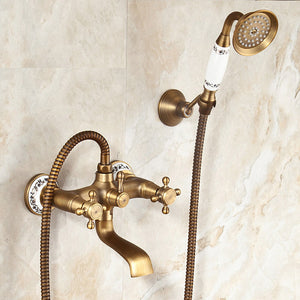 Exposed Rain Shower System with Cross Handles, Cold / Hot Water Mixer, Antique Brass, Coming with Hand Shower, Overhead, Spout