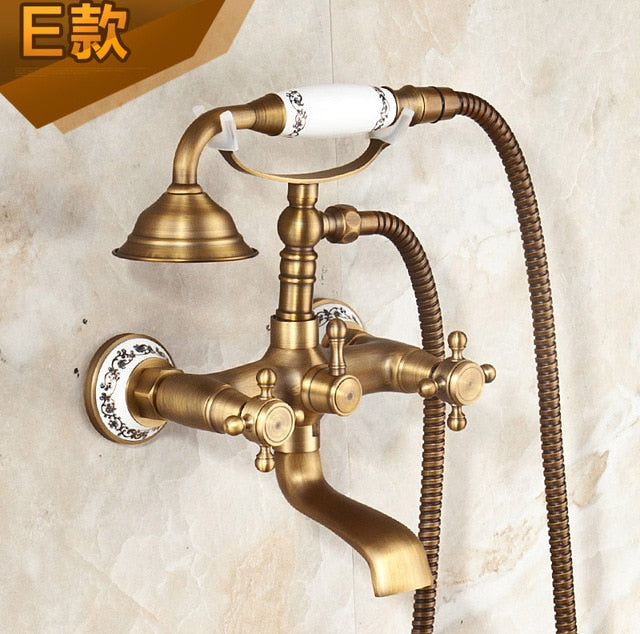 Exposed Rain Shower System with Cross Handles, Cold / Hot Water Mixer, Antique Brass, Coming with Hand Shower, Overhead, Spout