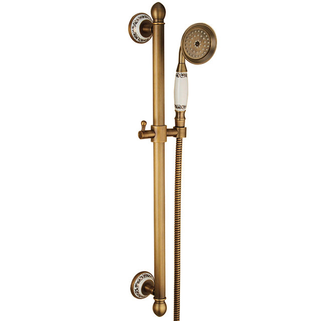 Exposed Rain Shower System with Cross Handles, Cold / Hot Water Mixer, Antique Brass, Coming with Hand Shower, Overhead, Spout