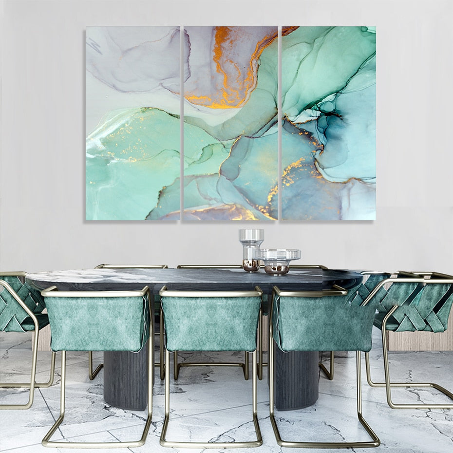 3 Panels Abstract Teal Marble Artwork Canvas Paintings Posters Prints Wall Art Pictures for  Living Room Office Home Decor