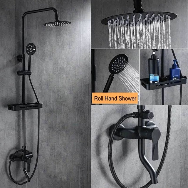 Black Rainfall Shower Faucets Set Wall Mounted Rain Shower Faucet Storage Bath Mixer Tap Hot Cold with Hand Shower EL3903