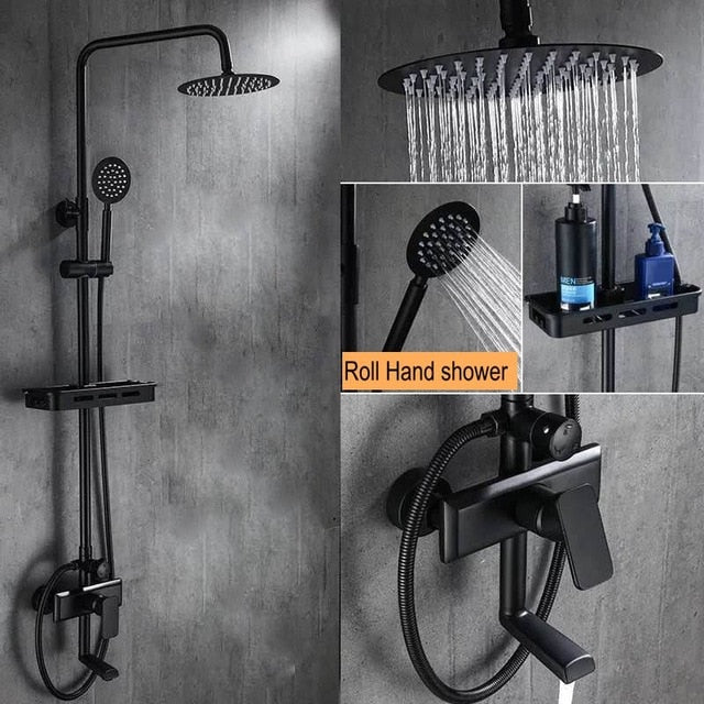 Black Rainfall Shower Faucets Set Wall Mounted Rain Shower Faucet Storage Bath Mixer Tap Hot Cold with Hand Shower EL3903