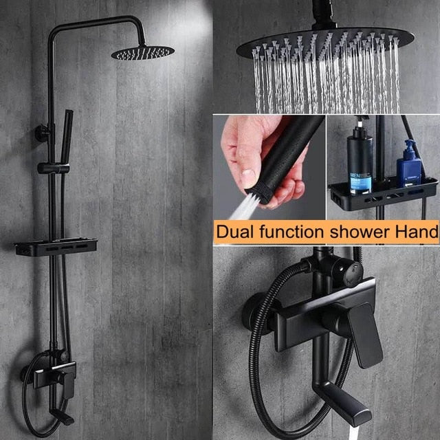 Black Rainfall Shower Faucets Set Wall Mounted Rain Shower Faucet Storage Bath Mixer Tap Hot Cold with Hand Shower EL3903