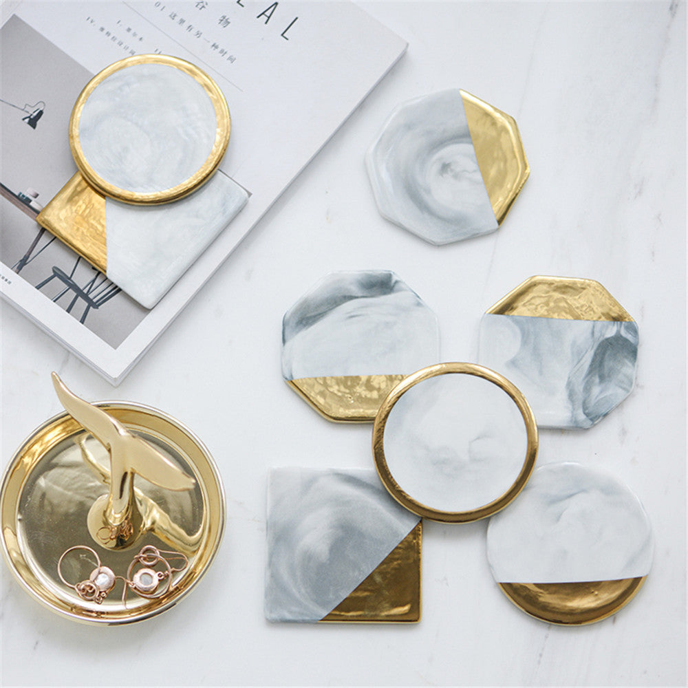 Luxury Marble Ceramic Coaster Gold Plating Geometric Cup Mat Waterproof Heat-insulated Pads Jewelry Tray Home Desktop Decoration