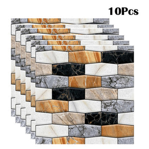 10Pcs European Marbling Brick Wall Sticker DIY Removable Tile Self-adhesive Waterproof Wallpaper Home Decor for Kitchen Bathroom