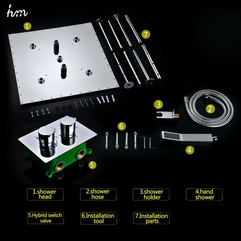 20" Rainfall Hand Shower Head Thermostatic Shower Set SUS304 Mirror Panel with Shower Head Mist Spray SPA Embedded Box Concealed