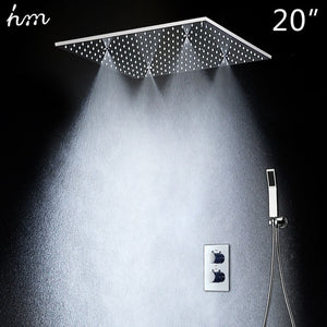 20" Rainfall Hand Shower Head Thermostatic Shower Set SUS304 Mirror Panel with Shower Head Mist Spray SPA Embedded Box Concealed