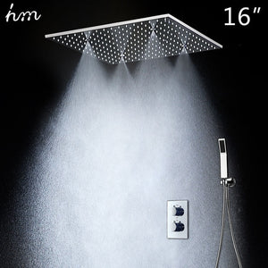 20" Rainfall Hand Shower Head Thermostatic Shower Set SUS304 Mirror Panel with Shower Head Mist Spray SPA Embedded Box Concealed