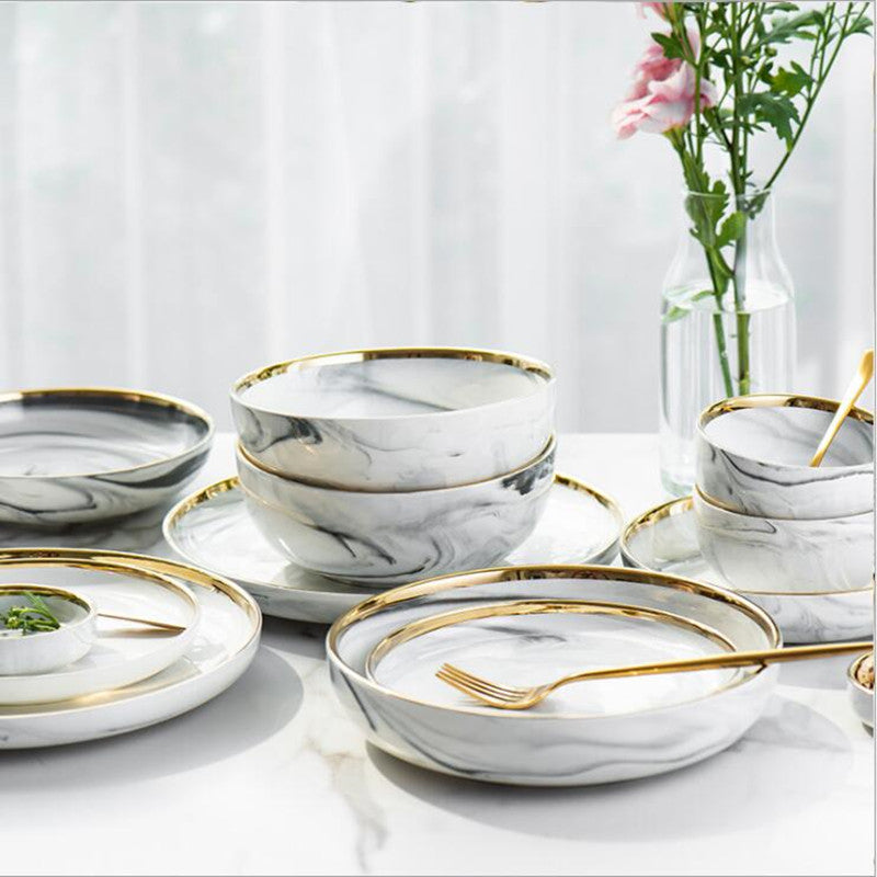 Gold Marble Dinner Plate Set Ceramic Kitchen Plate Tableware Set Food Dishes Rice Salad Noodles Bowl Soup Kitchen Cook Tool 1pc