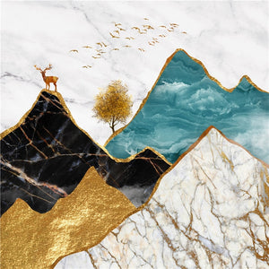 Abstract Mountain Peak Picture Home Decor Wall Art Canvas Painting Gold Elk Marble Art Scenery Posters and Prints for Bedroom