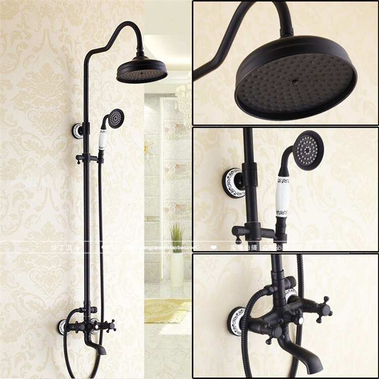 Bathroom Black Oil Paint Solid Brass Bathtub Shower Set Wall Mounted 8" Rainfall Shower Mixer Tap Faucet 3-functions Mixer Valve