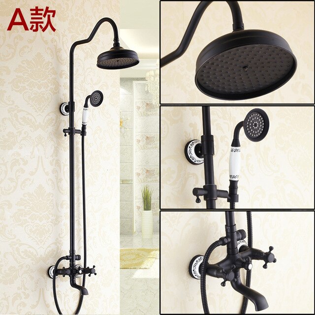 Bathroom Black Oil Paint Solid Brass Bathtub Shower Set Wall Mounted 8" Rainfall Shower Mixer Tap Faucet 3-functions Mixer Valve