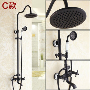 Bathroom Black Oil Paint Solid Brass Bathtub Shower Set Wall Mounted 8" Rainfall Shower Mixer Tap Faucet 3-functions Mixer Valve