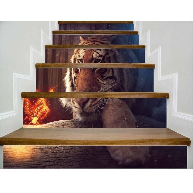 6 pcs 3D Stair Books Wall Stickers For Home Diy Fashion Stairs Decoration Large Stickers Escalier Tigger 3d Muursticker Tiger