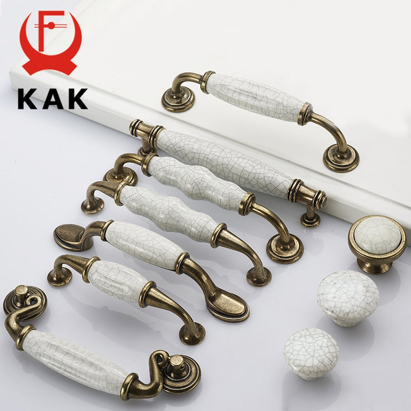 KAK Antique Bronze Crack Design Ceramic Cabinet Handles Zinc Alloy Drawer Knobs Wardrobe Door Handle European Furniture Hardware