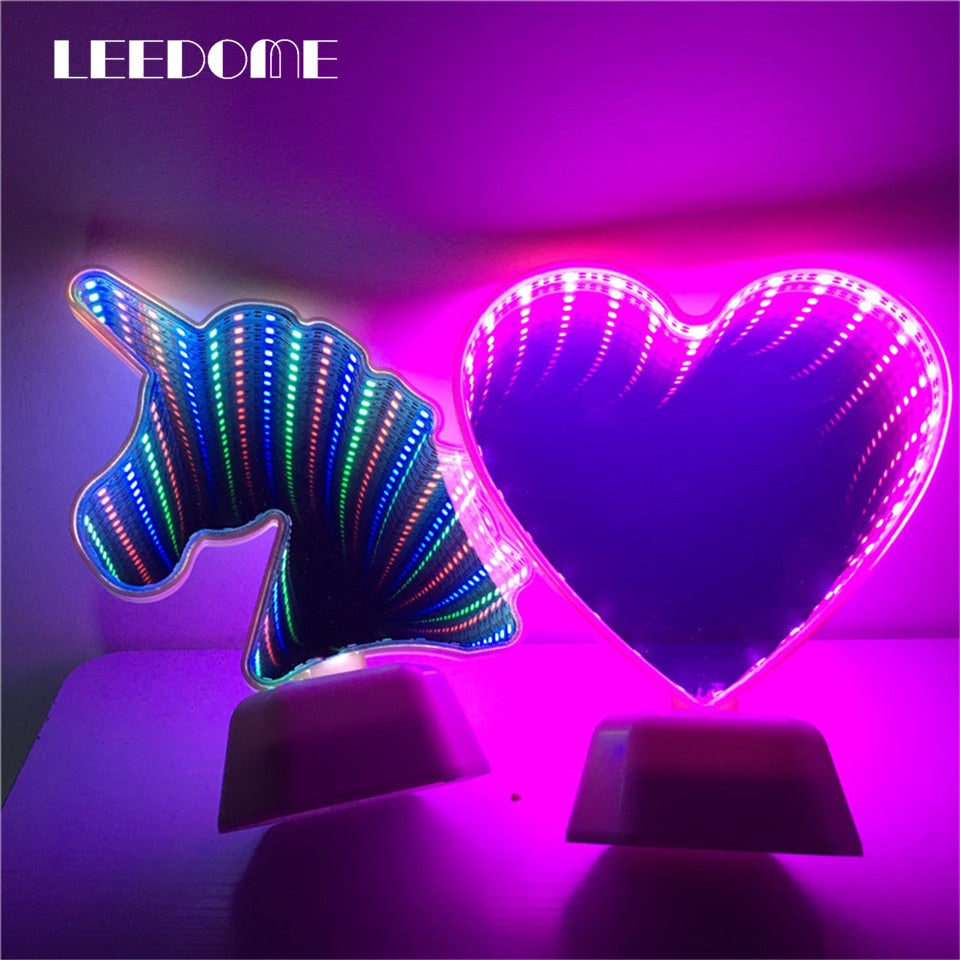 Dropship Unicorn Heart Flamingo Shape Tunnel Light AA Battery Operated Portable Infinity Mirror Abyss Effect LED Night Lamp