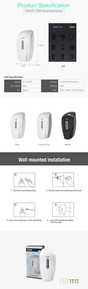 800ml SVAVO Wall Mounted Hand Soap Dispenser ABS Plastic Manual Soap Dispenser Free Shipping Touch Shower Liquid Soap Dispenser