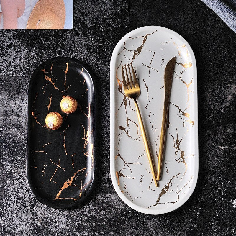 Gold Inlay Marble Ceramic Cake Plate Dish Tableware Set Service Tray Kitchen Porcelain Jewelry Plate Dinnerware Dropshipping