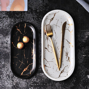 Gold Inlay Marble Ceramic Cake Plate Dish Tableware Set Service Tray Kitchen Porcelain Jewelry Plate Dinnerware Dropshipping